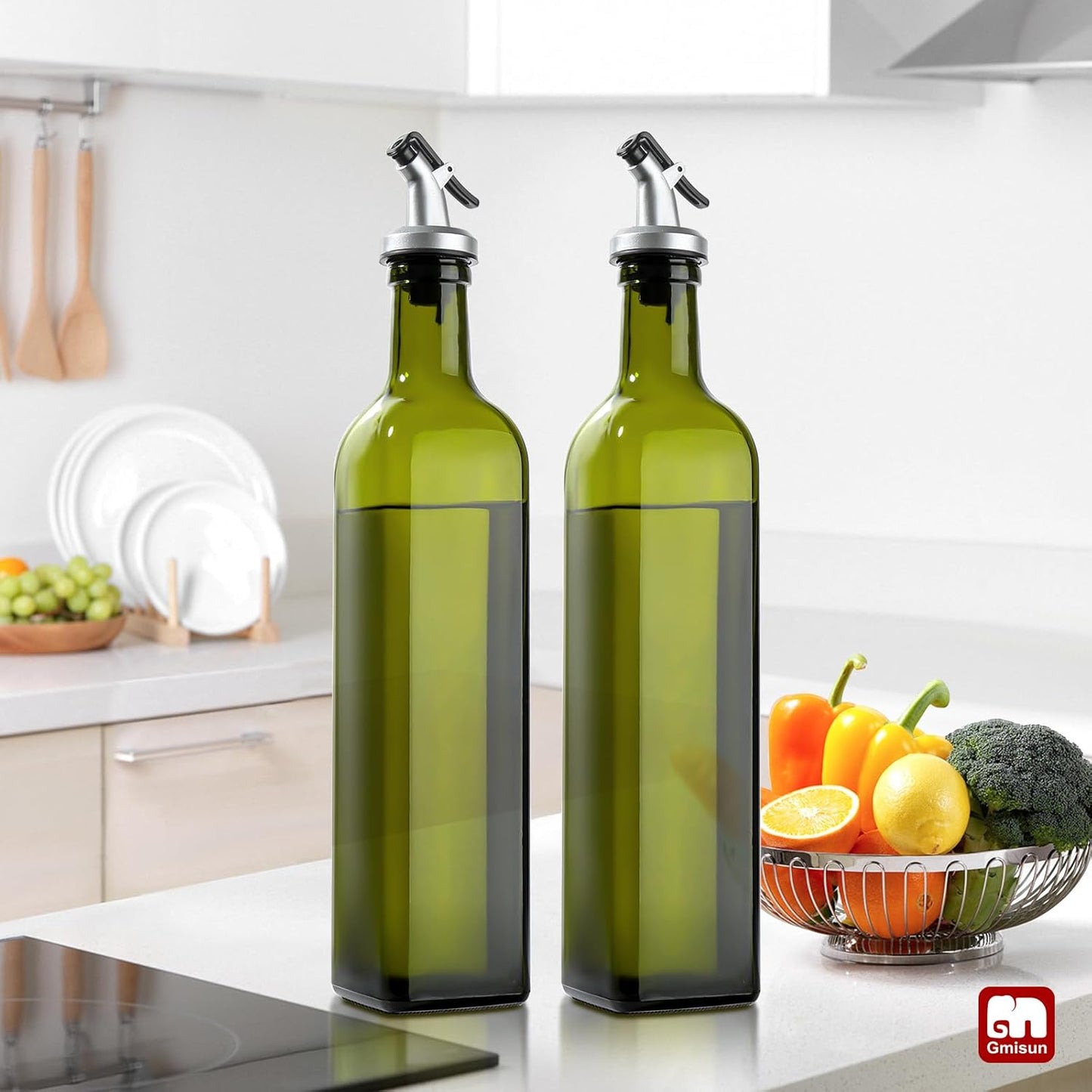 GMISUN Olive Oil Dispenser Bottle 2 Pack, Olive Oil Dispenser for Kitchen 17oz, Glass Cooking Soy Sauce Bottle Container Cruet with Plastic Pourer Spout, Green