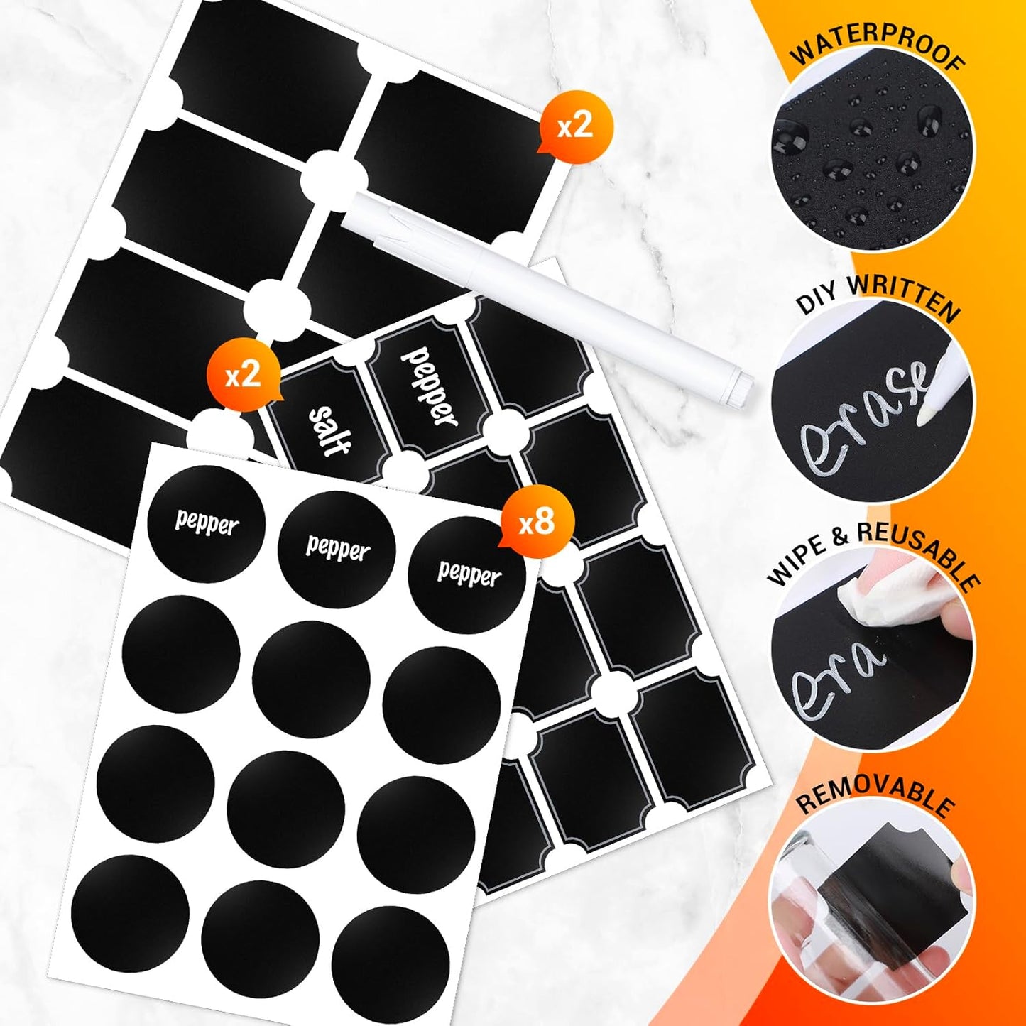 Segarty Spice Jar with Labels Set, 6 Pack 10oz Large Spice Jars with Shaker Lids, Empty Glass Spices Bottles for Salt Pepper Sugar, Seasoning Shakers with 136 Stickers, 1 Chalk Marker and 1 Brush