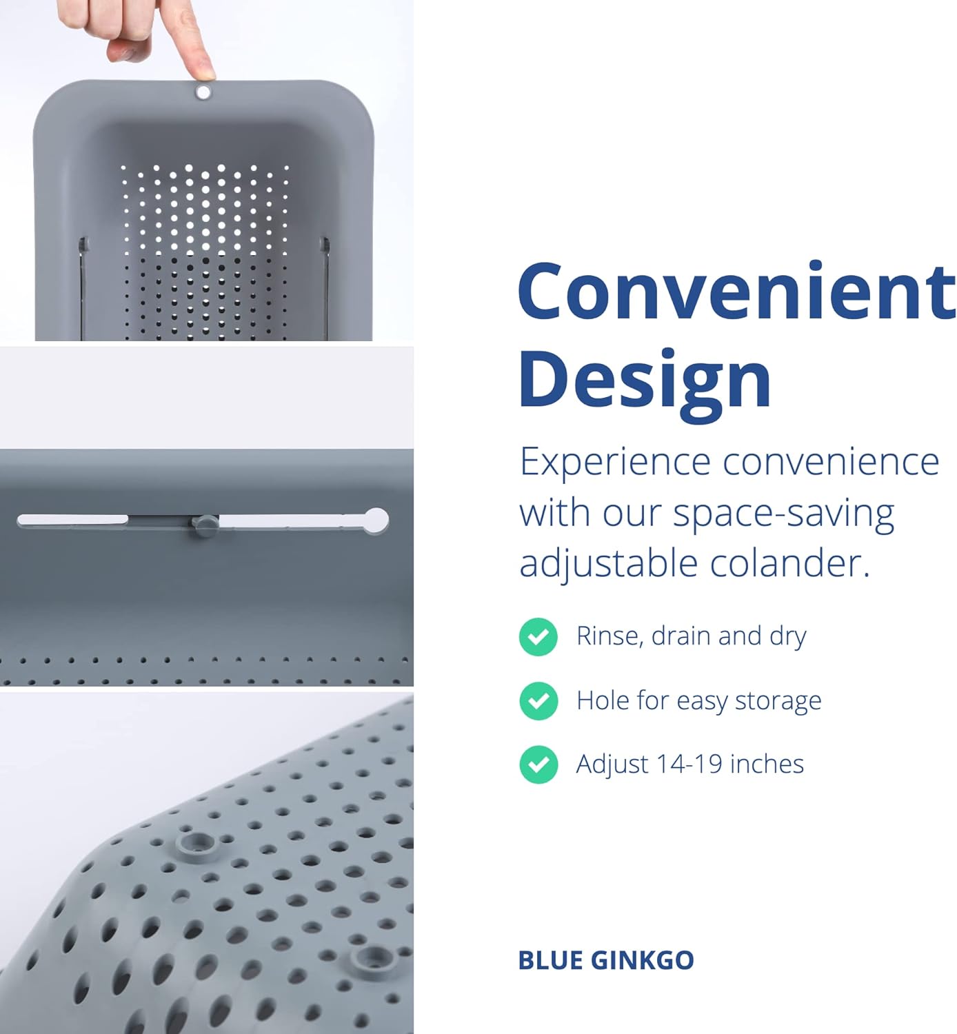 BLUE GINKGO Sink Colander Baskets - (Pack of 2) Wash Vegetables and Fruits, Drain Cooked Pasta and Dry Dishes - Extendable - New Home Kitchen Essentials (Grey & Pink)