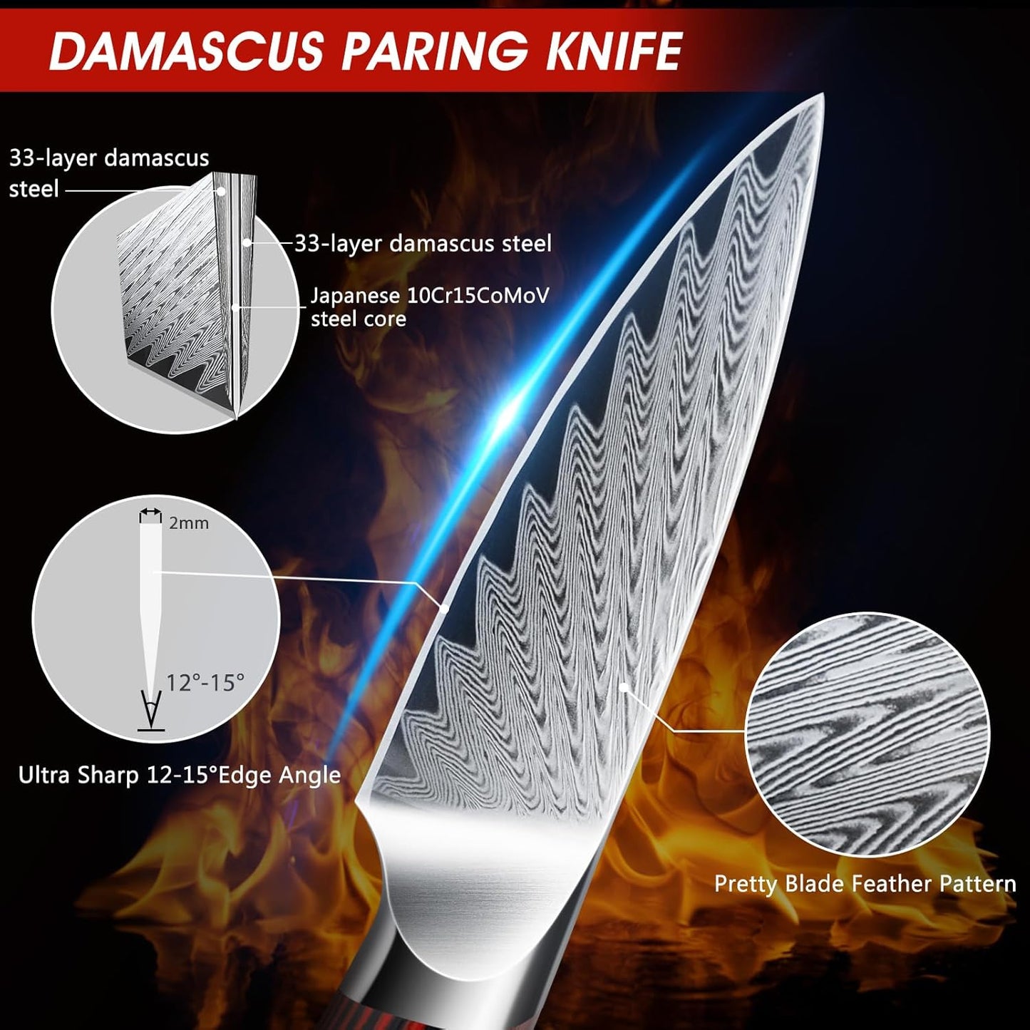 Paring Knife 3.75 Inch Small Kitchen Knife, Super Sharp Damascus Steel Fruit Knife, Multifunctional Peeling Knife for Cutting Fruit Vegetables