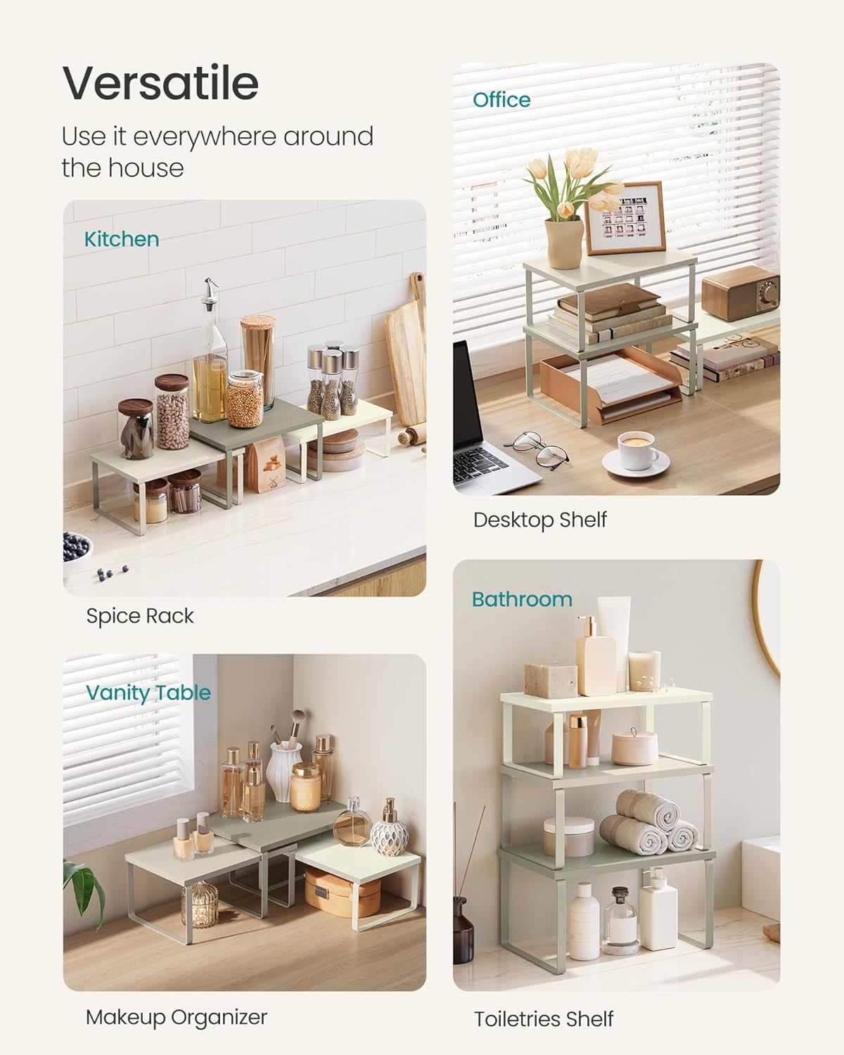 SONGMICS Cabinet Organizer Shelf, Set of 3 Kitchen Counter Shelves, Kitchen Storage, Spice Rack, Stackable, Expandable, Sand Beige UKCS220K01