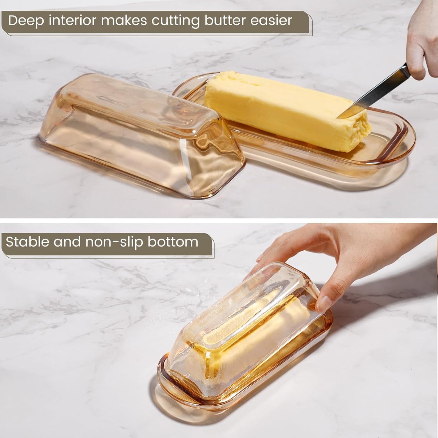Glass Butter Dish Butter Keeper and Butter Holder for Fridge,Butter Dish with Lid for Countertop,Vintage Container for Counter,Butter Tray on Counter (Amber-7)