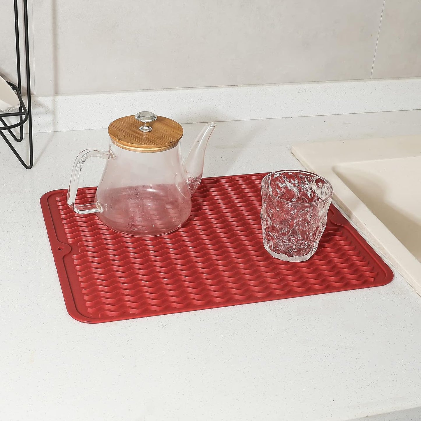 Silicone Dish Drying Mat for Multiple Usage,Easy clean,Eco-friendly,Heat-resistant Silicone Mat for Kitchen Counter or Sink,Refrigerator or drawer liner Red L 16 inches x 12 inches