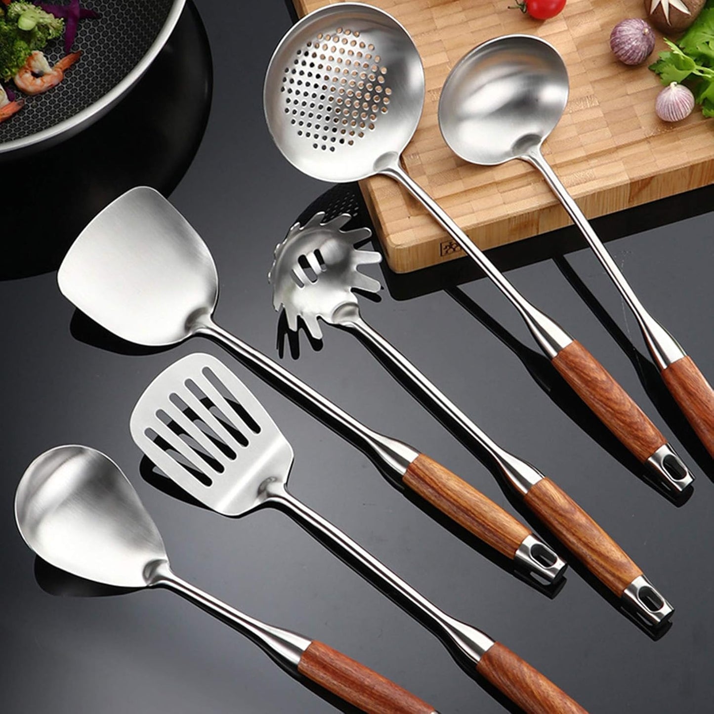 Cooking Utensils Set,7pcs 304 Stainless Steel Kitchen Utensils Set with Holder,Heat Resistant Wooden Handle Kitchen Tools