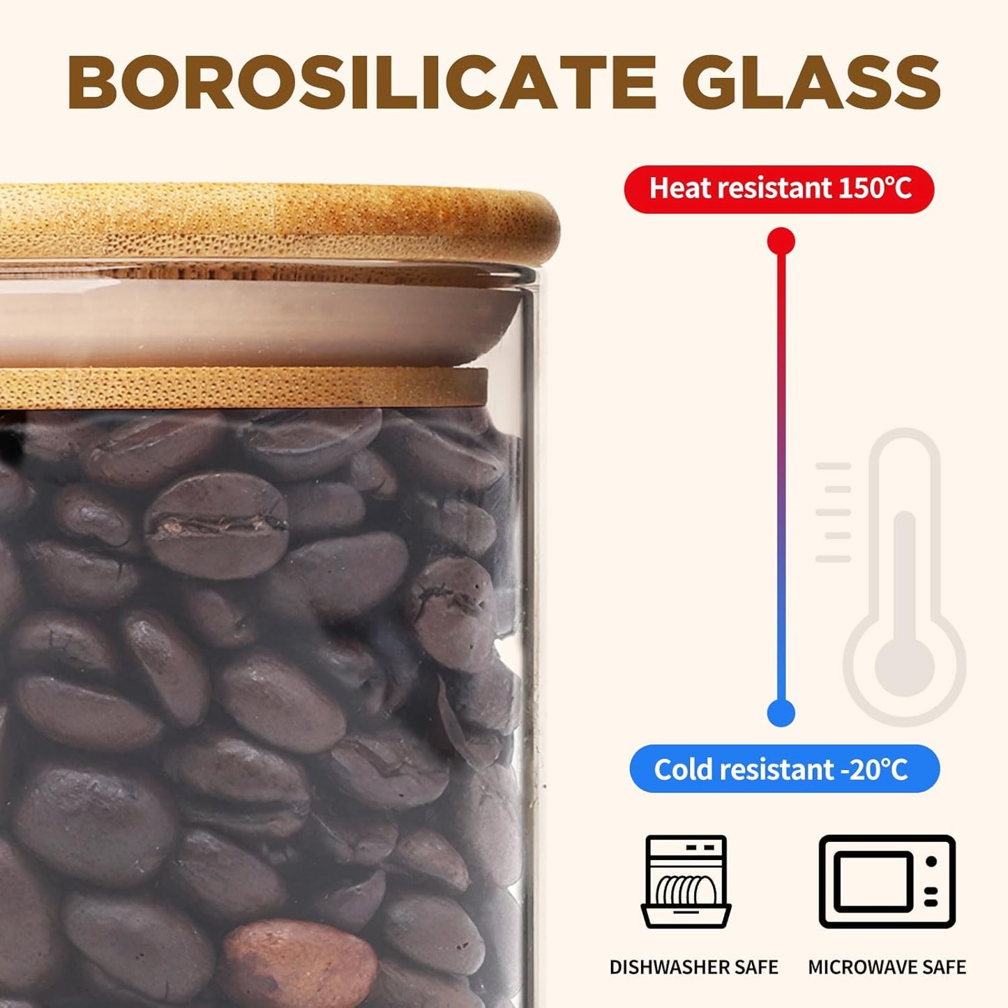 Glass Food Storage Jars, Glass Jars with Bamboo Lids, Kitchen Storage Jars, Canisters with Airtight Lids for Spice, Coffee, Cookie, Set of 7, Pantry Organizers