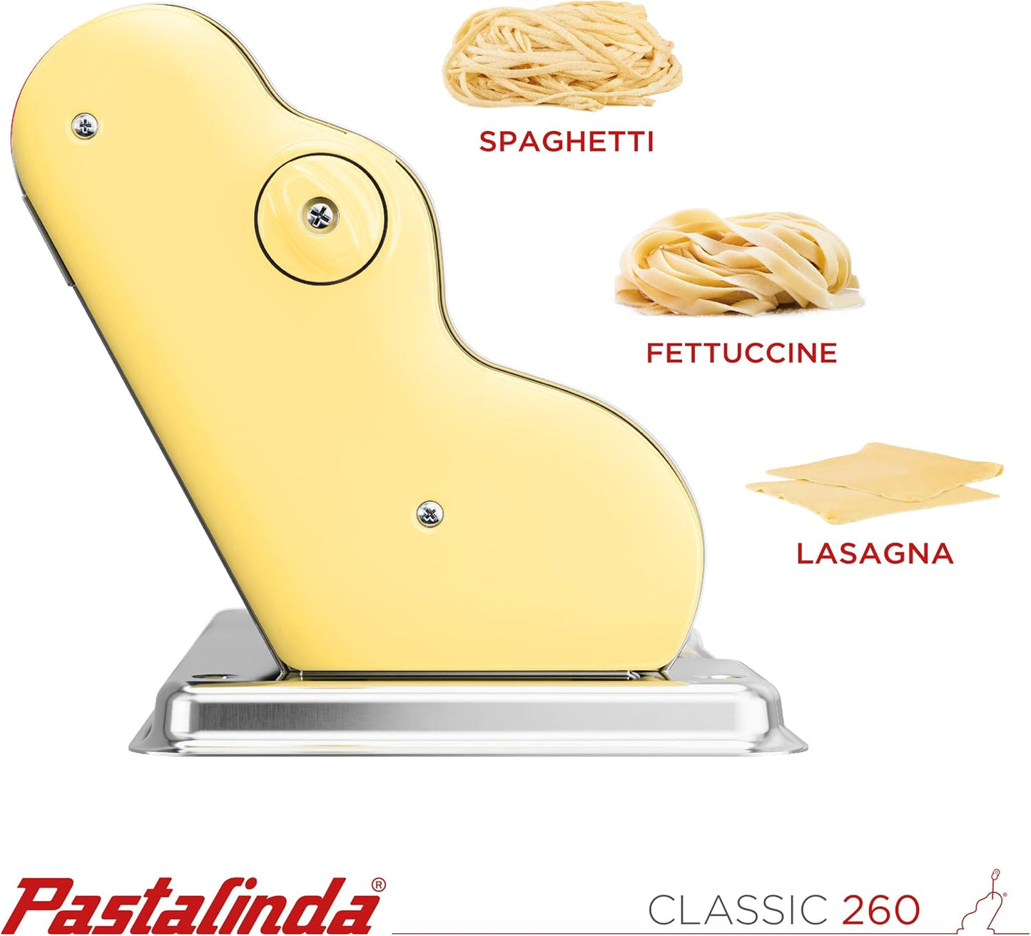 PASTALINDA Classic 260 Pasta Maker Machine, 26 cm Wide Rollers, 9 Thickness Positions, 2 Cutting Positions, Stainless Steel. Includes Reinforced Hand Crank And Two Clamps (Yellow)