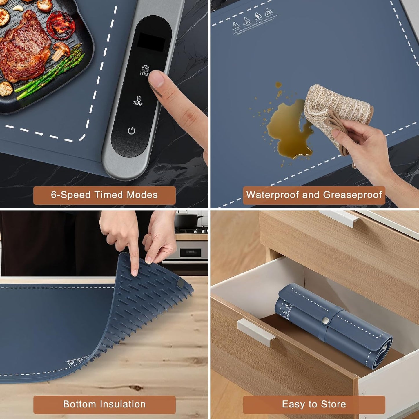 FYY Food Warming Mat - Electric Warming Tray with 6 Temperature Settings and 6 Hours Timer, Full Surface Graphene Heating Food Warmer, Premium Rollable Heating Tray for Gatherings, Parties, Blue