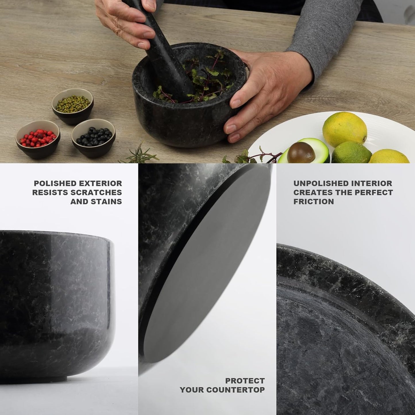 Koville Granite Mortar and Pestle Set, 6.3"-2 Cups Stone Grinder Bowl for Guacamole, Salsa, Pill Crusher, Spice, Herb, Garlic, Nut, Heavy Duty Grinder for Kitchen