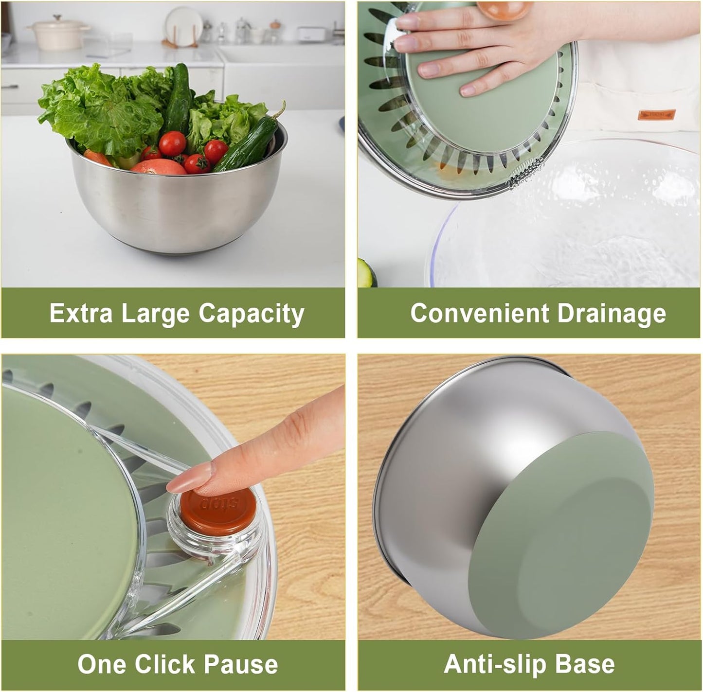 Stainless Steel Salad Spinner Large, Vegetables Fruits Wash Bowl with Strainer, Lettuce Spinner Dryer for Efficient Salad Preparation 5.3Qt