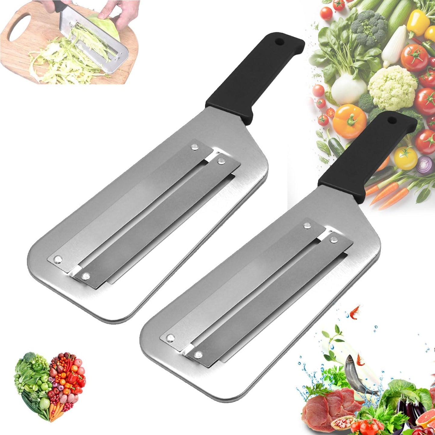 Dual Blade Julienne Cutter, Stainless Steel Shredder Slicer, Stainless Steel Cabbage Shredder for Coleslaw, Cabbage Slicer, Suitable for Vegetables and Fruits (Black*2)