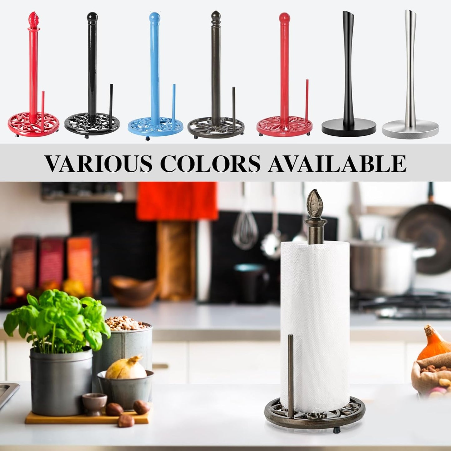 JOGREFUL Paper Towel Holder Stand, Cast Iron Kitchen Paper Towel Countertop Vintage Stand with Weighted-Base, Bathroom Organization for Family Standard Large Size Roll Paper, Leaf Top, Coffee Gold