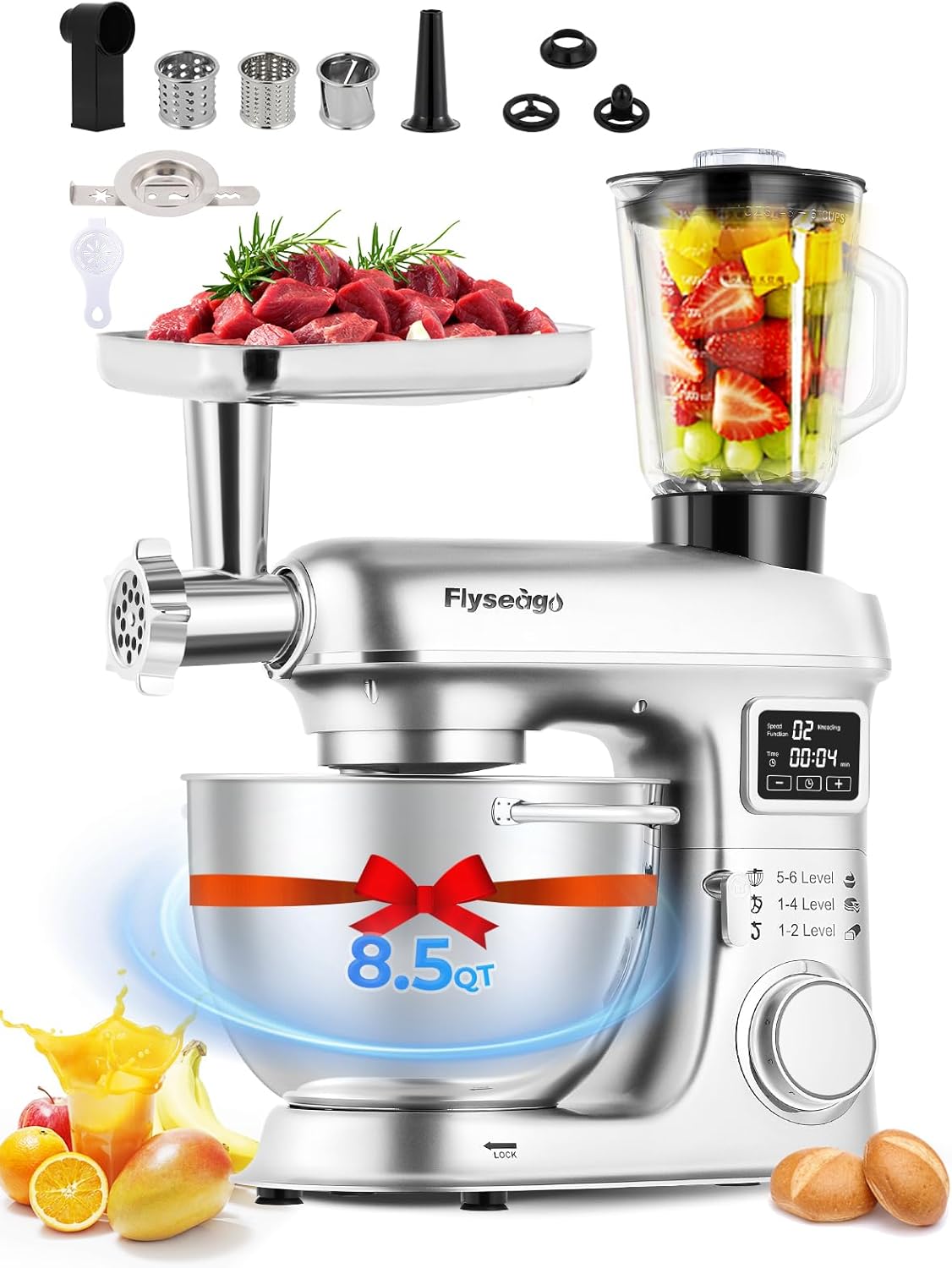 Stand Mixer 8-IN-1 8.5 Qt 2000W Multifunctional Fermentation Electric Kitchen Mixer 6 Speed Tilt-Head with Stainless Steel Bowl, 1.5L Glass Jar Meat Grinder Dough Hook Whisk Pasta Attachment