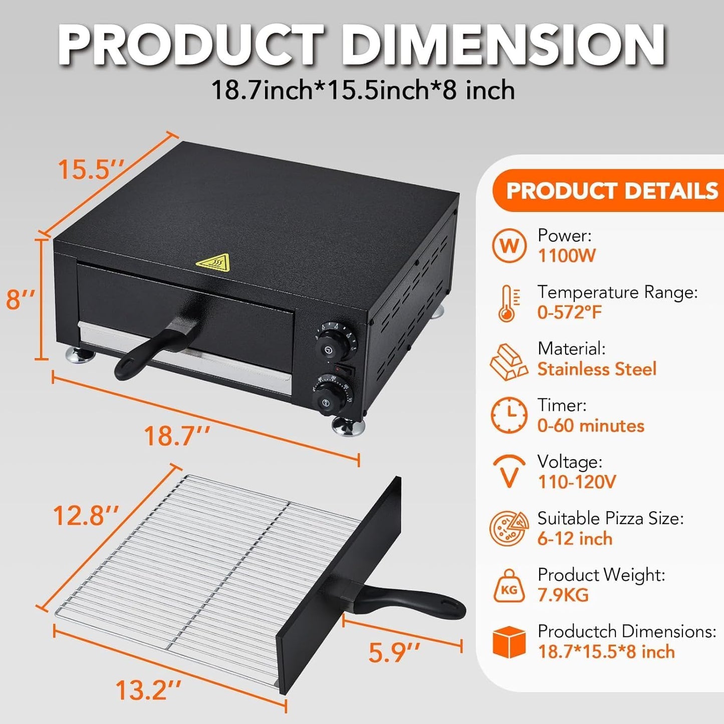 Commercial Electric Pizza Oven 12" 1100W Sealed Stainless Steel Countertop Pizza Maker with Timer for Restaurant, Pizzeria, Food Truck | Indoor Professional Baking Equipment