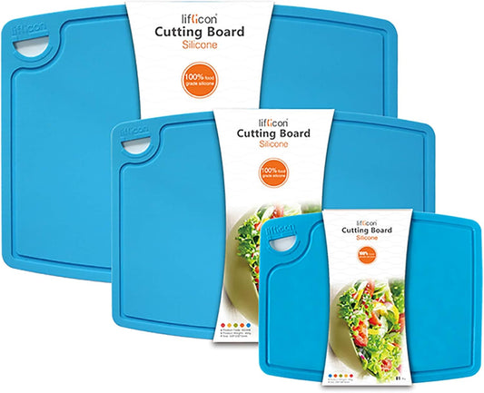 Silicone Thick Cutting Boards Mats Set of 3pcs Foldable & Flexible Design Juice Grooves Easy Grip Handle Dishwasher Safe for Kitchen,BPA free Chif-Blue