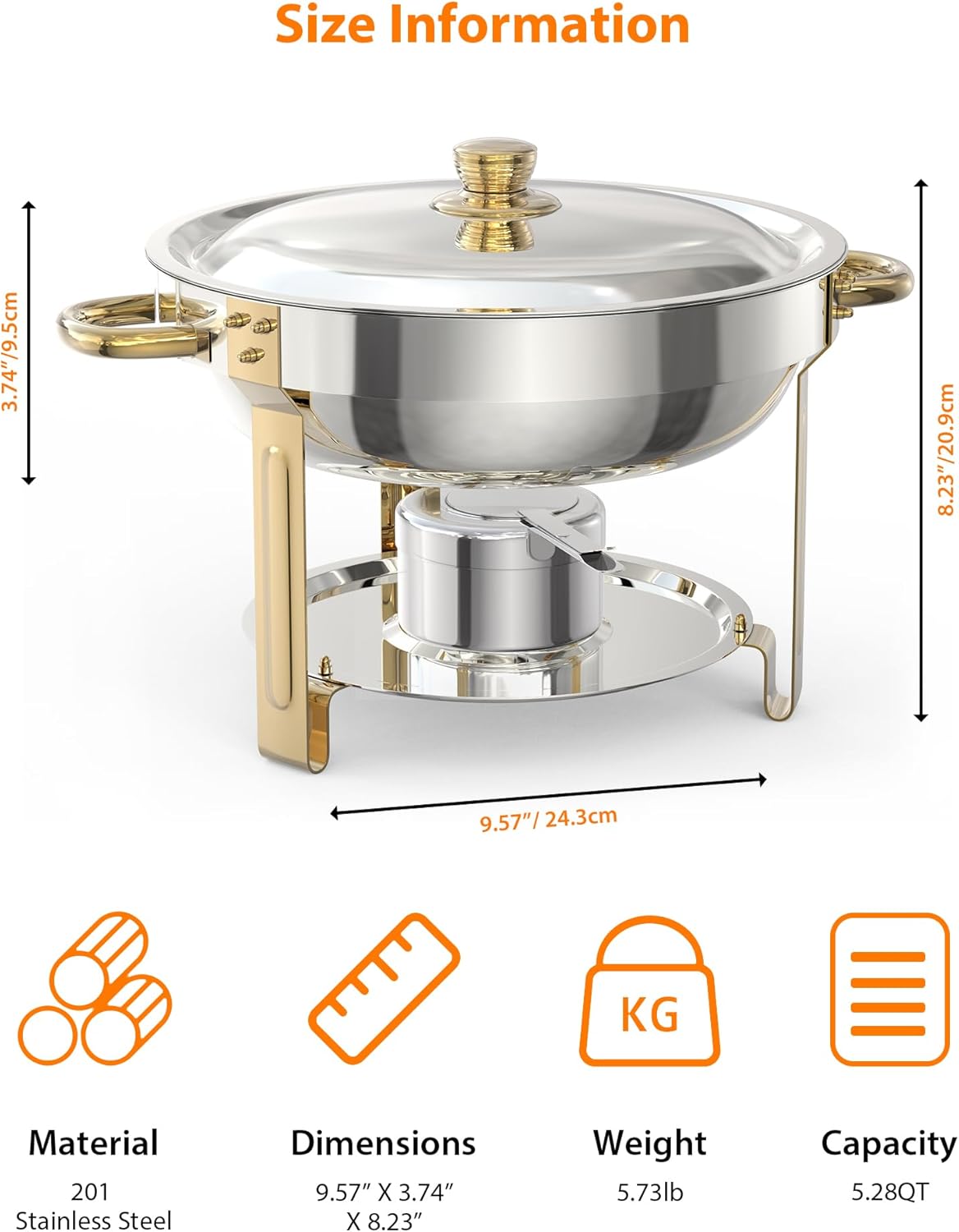 5QT 4 Packs Chafing Dish Buffet Set, NSF Round Stainless Steel Chafers and Warmers Food Servers Sets with Lid & Lid Holder, Spoon & Tweezer for Catering Events Parties Weddings Dinners, Gold