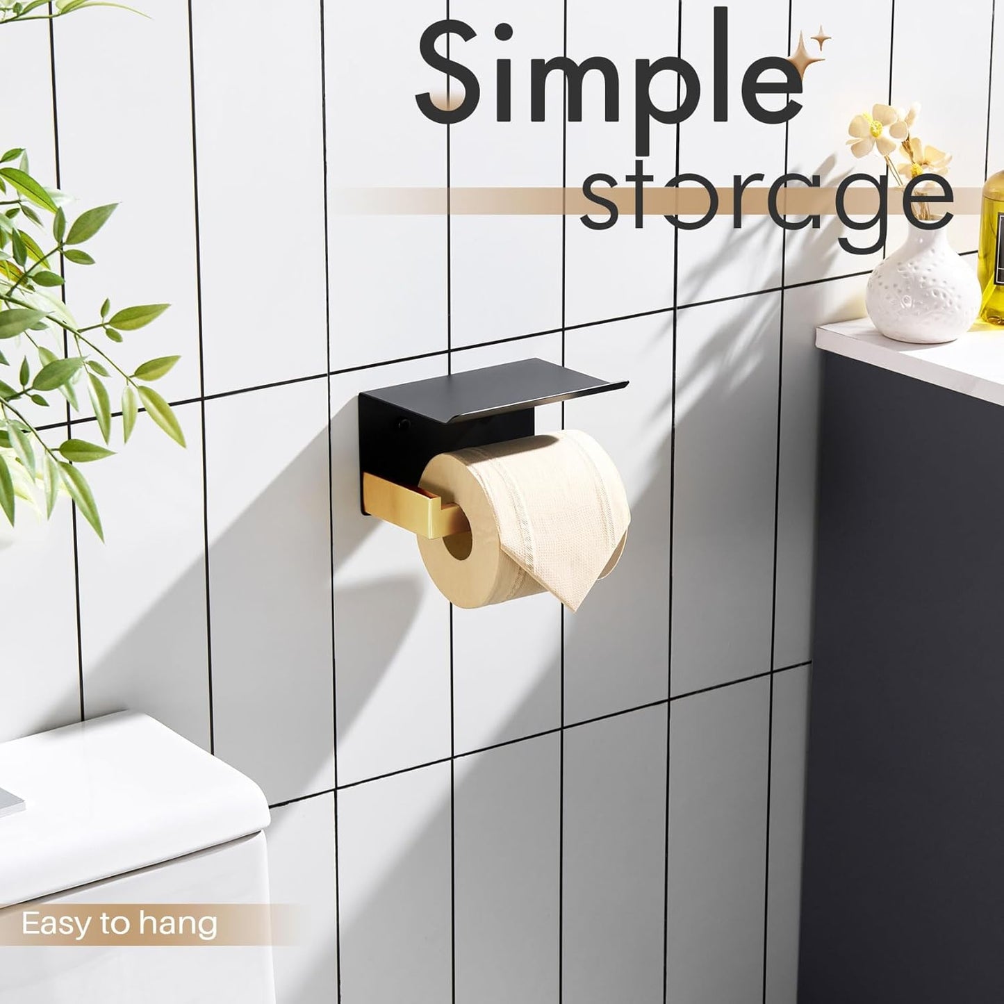 KOKOSIRI Toilet Paper Holders with Shelf Bathroom Toilet Paper Roll Holder Wall Mounted T-304 Stainless Steel, Matte Black and Gold B2010GDK