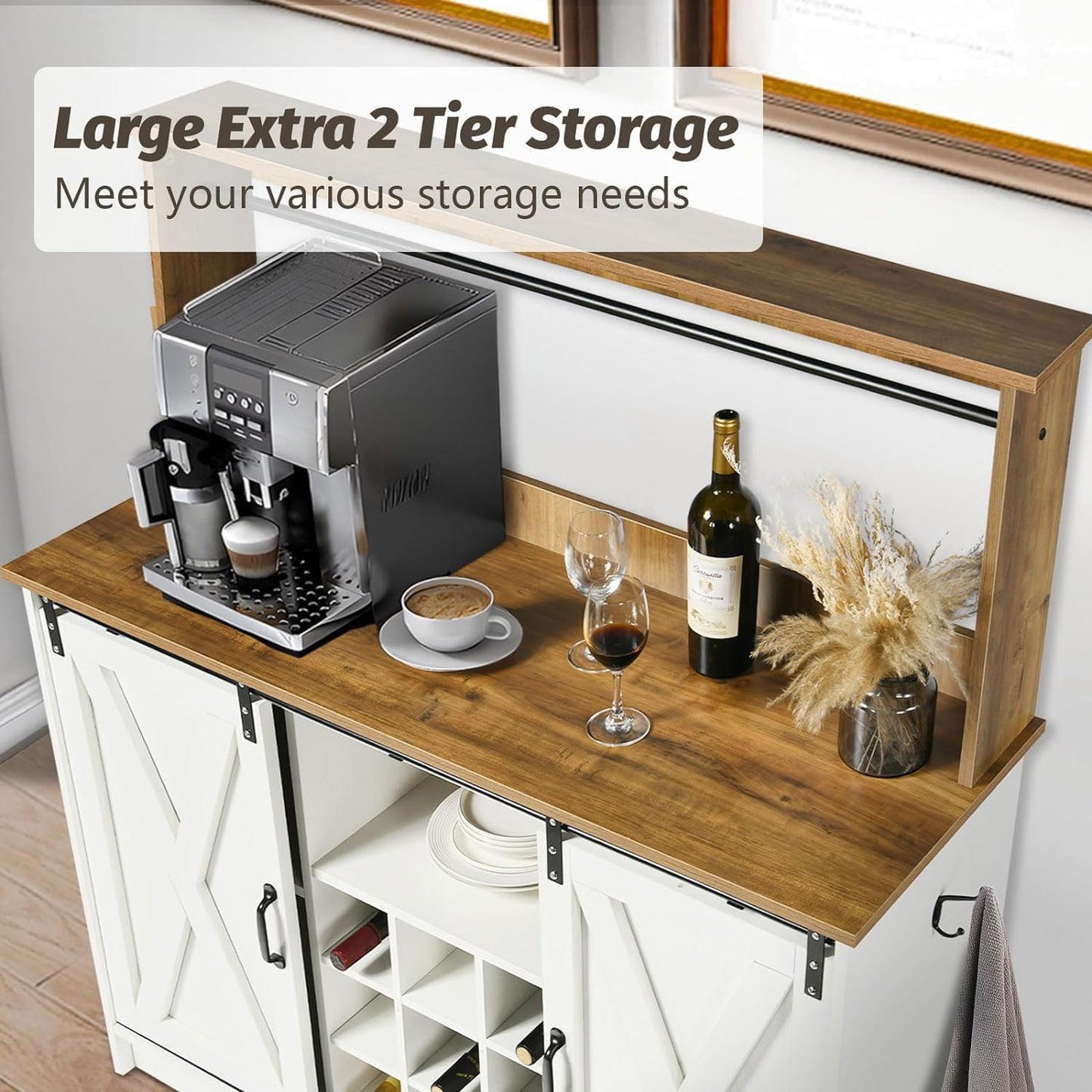 4ever2buy Farmhouse Coffee Bar Cabinet with Hutch, 47 Inch Buffet Cabinet with Storage, White Wine Bar with 9 Wine Racks and 6 Hooks, Coffee Bar Table with Adjustable Shelves for Living Dining Room