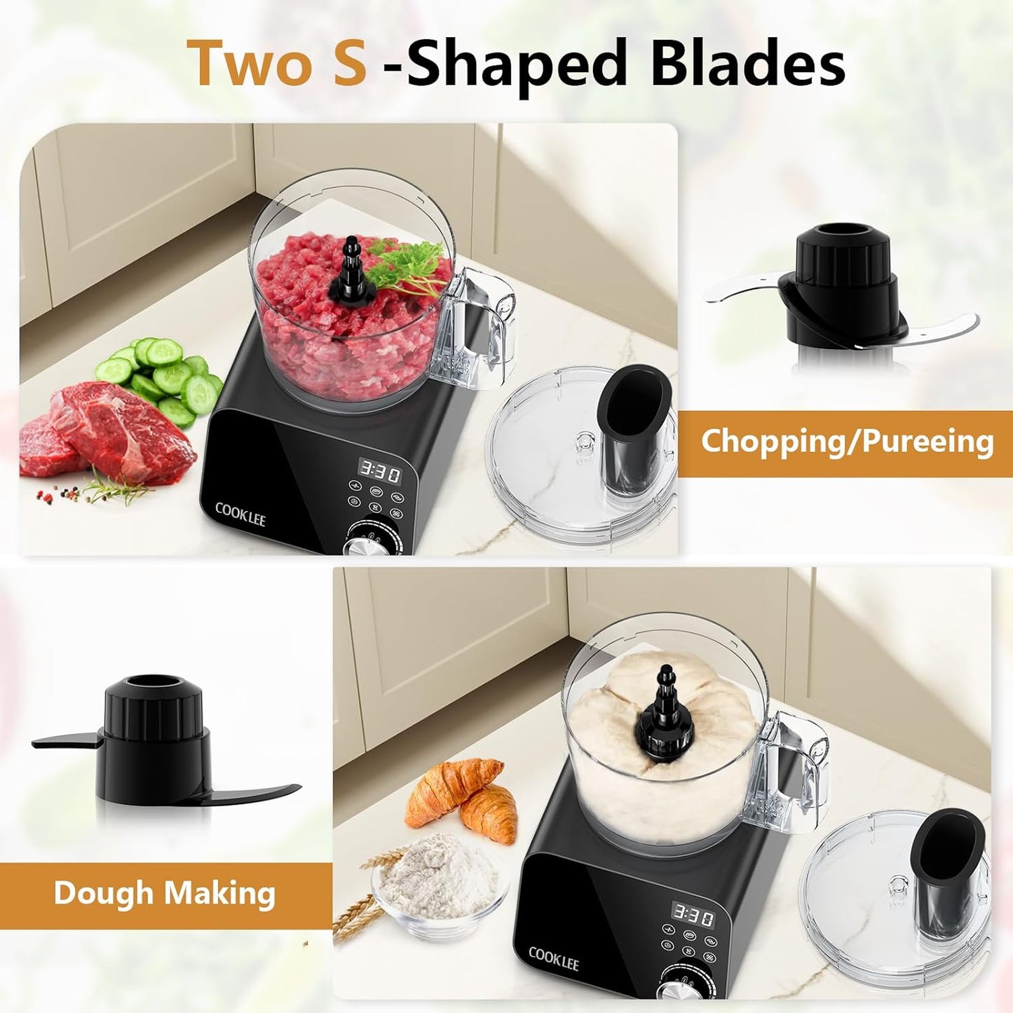 COOKLEE Food Processor, 600 Watts, 6 Functions Electric Food Chopper for Chopping, Mincing, Dicing, Shredding, Slicing, Purees & Dough with 12cup Processor Bowl, Food Chute & Pusher, Black