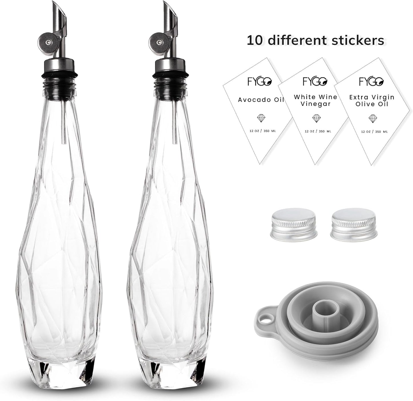 FYGO Diamond Lux Olive Oil Bottle Dispenser - Olive Oil Container- Oil and Vinegar Dispenser Set with Pourer and Funnel - Glass Dispenser Bottle for Kitchen - 500ml - Set of 2