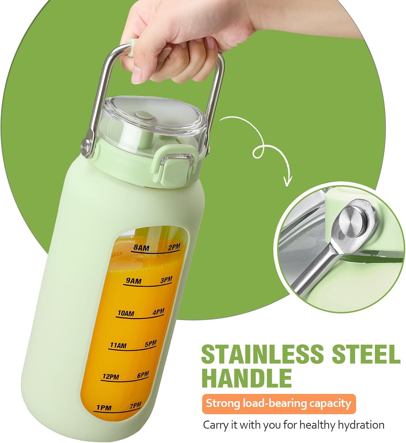 kytffu 64 oz Glass Water Bottle with Straw and Stainless Steel Handle, Half Gallon Water Bottle with Silicone Sleeve and Time Marker, 2L Large Glass Bottle for Gym, School, Travel, Leak-proof (Green)
