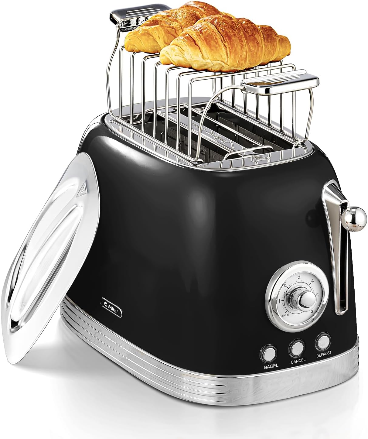 Glossy Black Cute Retro Toaster 2 Slice with 1.58" Wide Slots, Bread toaster with Cover and Warm Rack, Stainless Steel Toaster with Removable Crumb Tray, Preheat, Defrost, Cancel Function