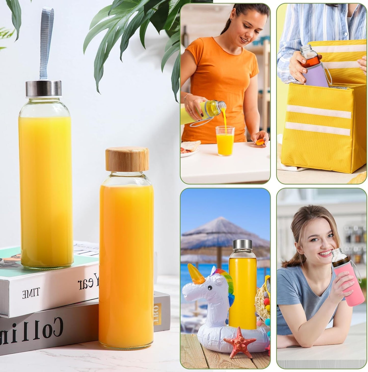 Honeydak 12 Pcs 18 oz Glass Water Bottles Glass Juice Bottles with Protection Sleeves, Stainless Steel and Bamboo Lids Reusable Glasses Funnel, Ice Mold, Brush for Milk Smoothie Beverage Tea