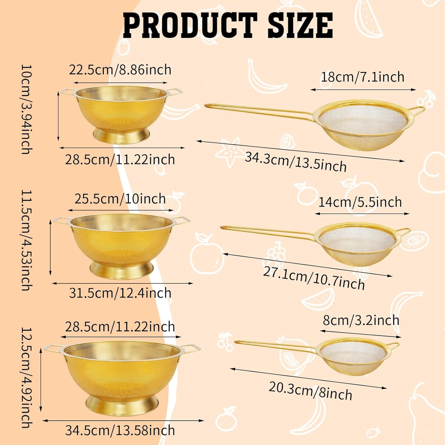 3 Pcs Stainless Steel Gold Colander and 3 Pcs Fine Mesh Strainer Set,1/3/5 Quart Metal Mesh Basket with Handles for Kitchen, Draining Pasta, Rinsing Fruit, and Cooking (Gold)