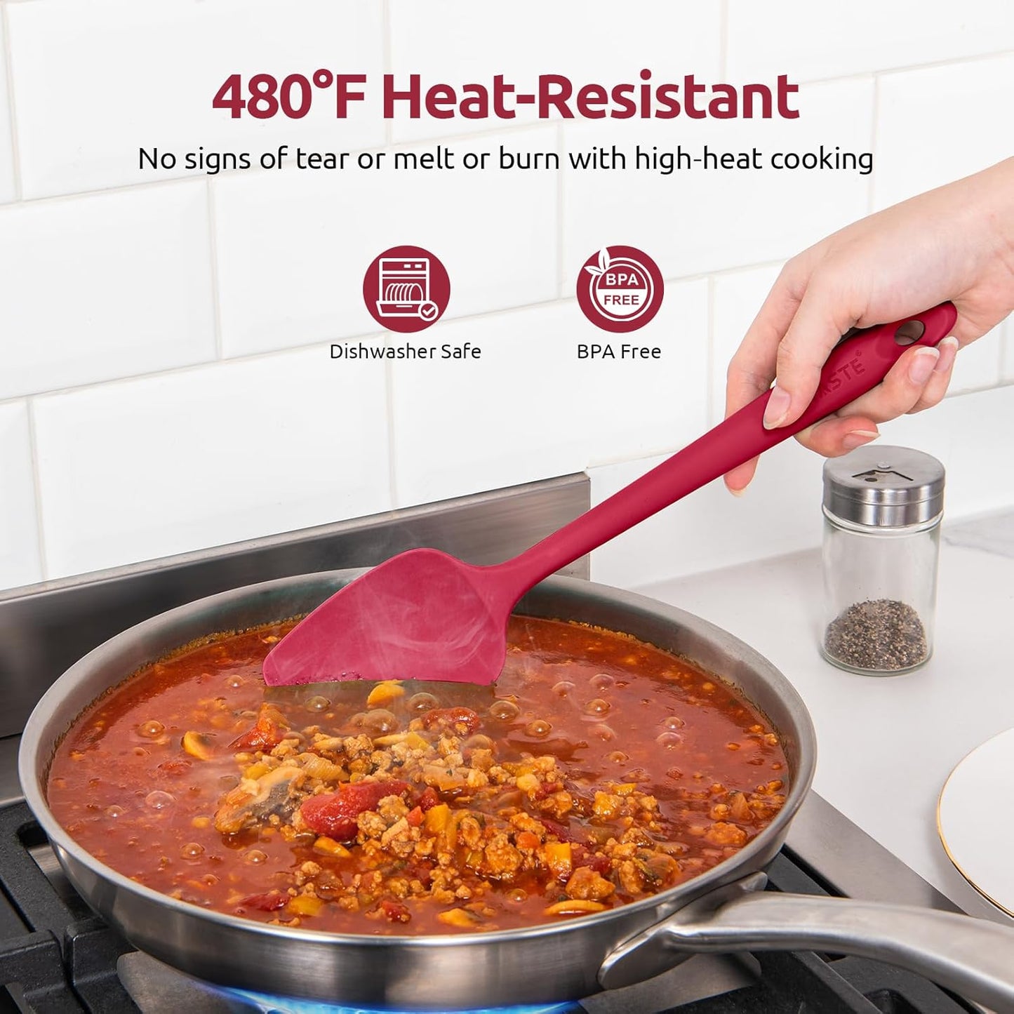 U-Taste Silicone Spoon Spatula Set: 480ºF Heat Resistant Food Grade Flexible Rubber Spoonula, Nonstick Cooking Mixing Scooping Kitchen Baking Scraper Utensils Set of 3 for Pan, Pot, Bowl (Red)