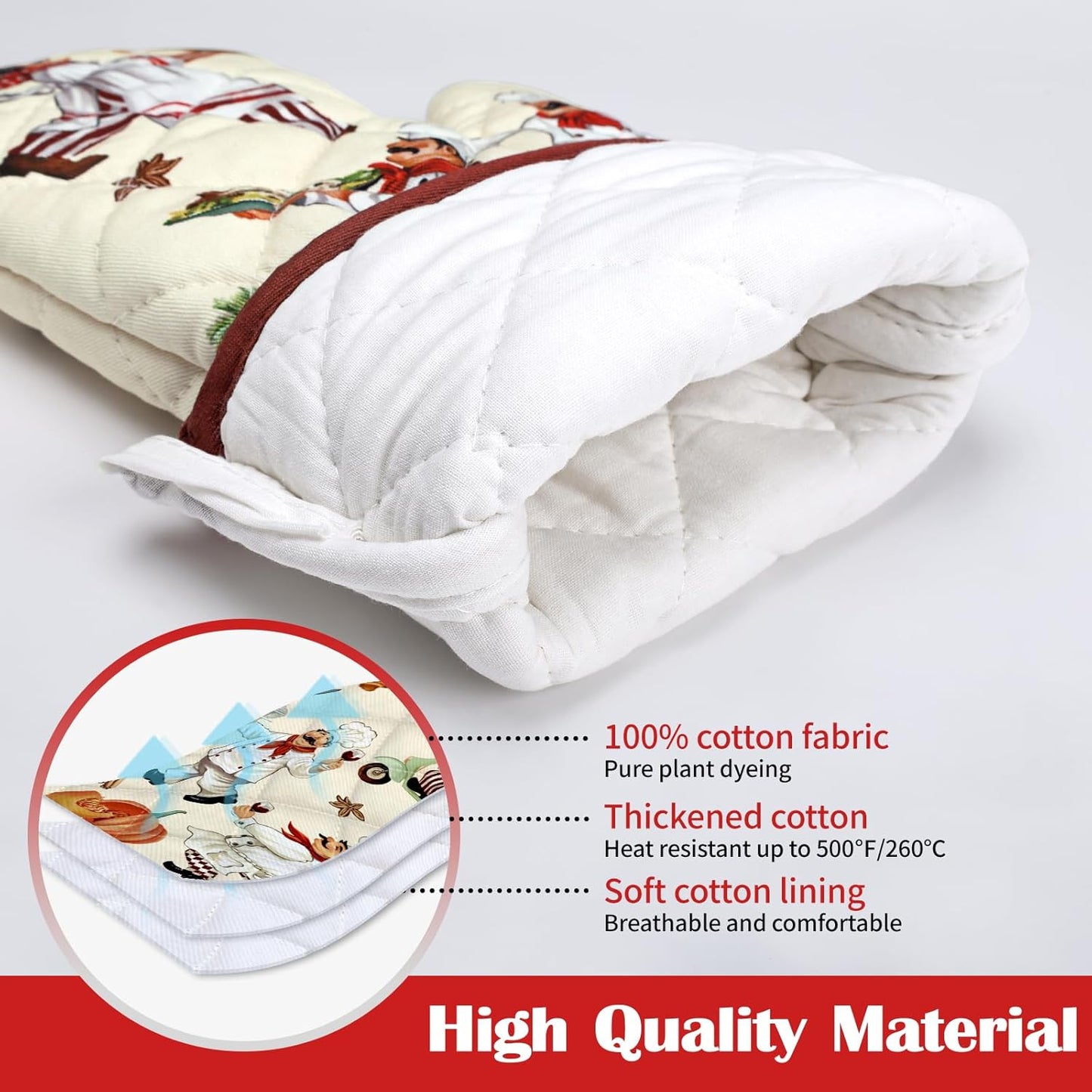 Chef Oven Mitts and Pot Holders Sets 2Pcs, 100% Cotton Heat Resistant, Extra Long Oven Gloves Potholder for Kitchen Cooking Baking Decoration