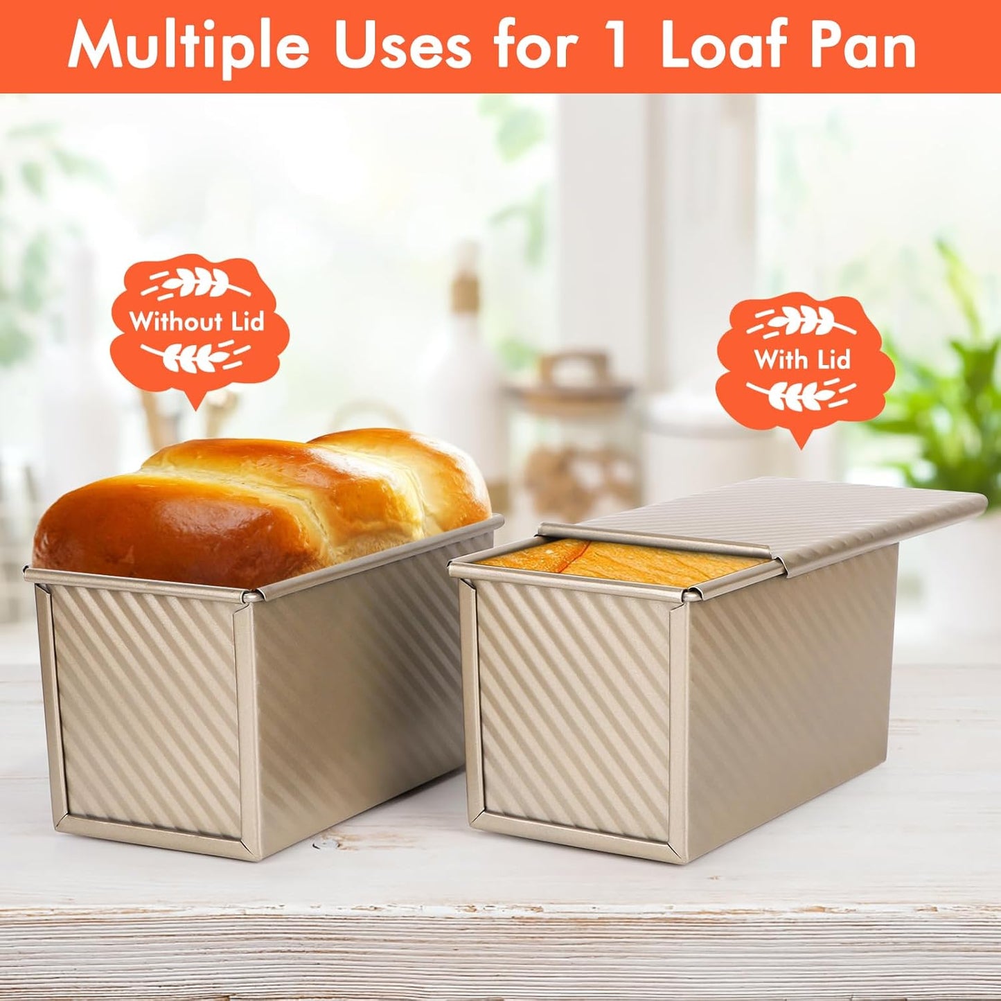 Beasea Pullman Loaf Pan With Lid, Non-Stick Carbon Steel Corrugated Bread Toast Box Mold With Cover Baking Tools - Gold