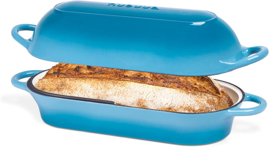 Enamelled Cast Iron Bread Loaf Pot – Dutch Oven For Sourdough Bread Baking – Oven Safe Non Stick Bread Pot – Rectangular, Light Blue, 34cm x 16cm – by Nuovva
