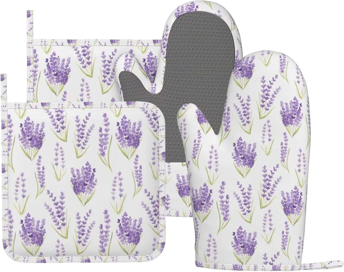 Lavender Spring Flowers Oven Mitts Pot Holders Set Silicone Lavenders Kitchen Oven Mitts Heat Resistant Potholders Non-Slip 4pcs Hot Pads and Oven Gloves Sets for Cooking