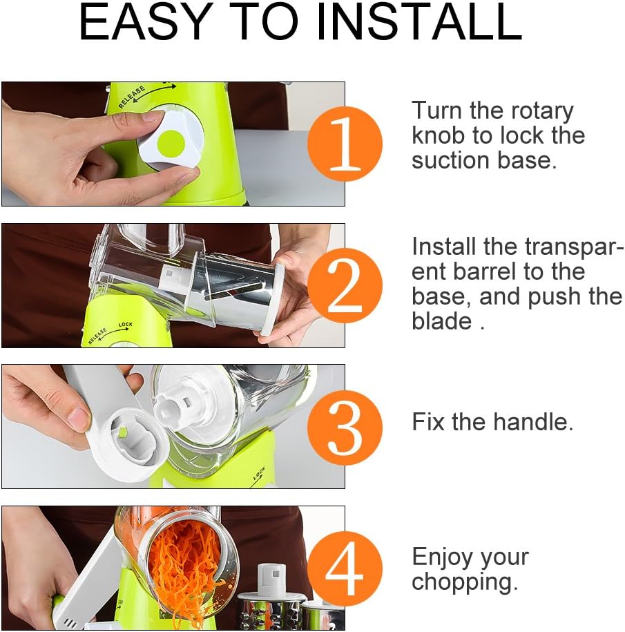 Ourokhome Rotary Cheese Grater Hand Crank, Kitchen Shredder Speed Mandolin Slicer Nut Grinder with Handle and Drum Blades for Cheese, Vegetable, Walnut, Chocolate, Potato, Carrot, 3 Blades, Green