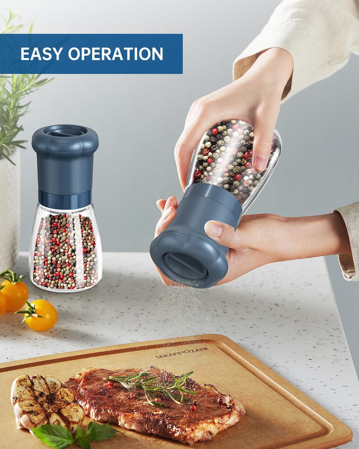 CIRCLE JOY Manual Salt and Pepper Grinder Set For Professional Chef, Refillable Salt and Pepper Shakers with Ceramic Blades, Adjustable Coarseness and BPA-free 180ml Glass Container, Short Blue