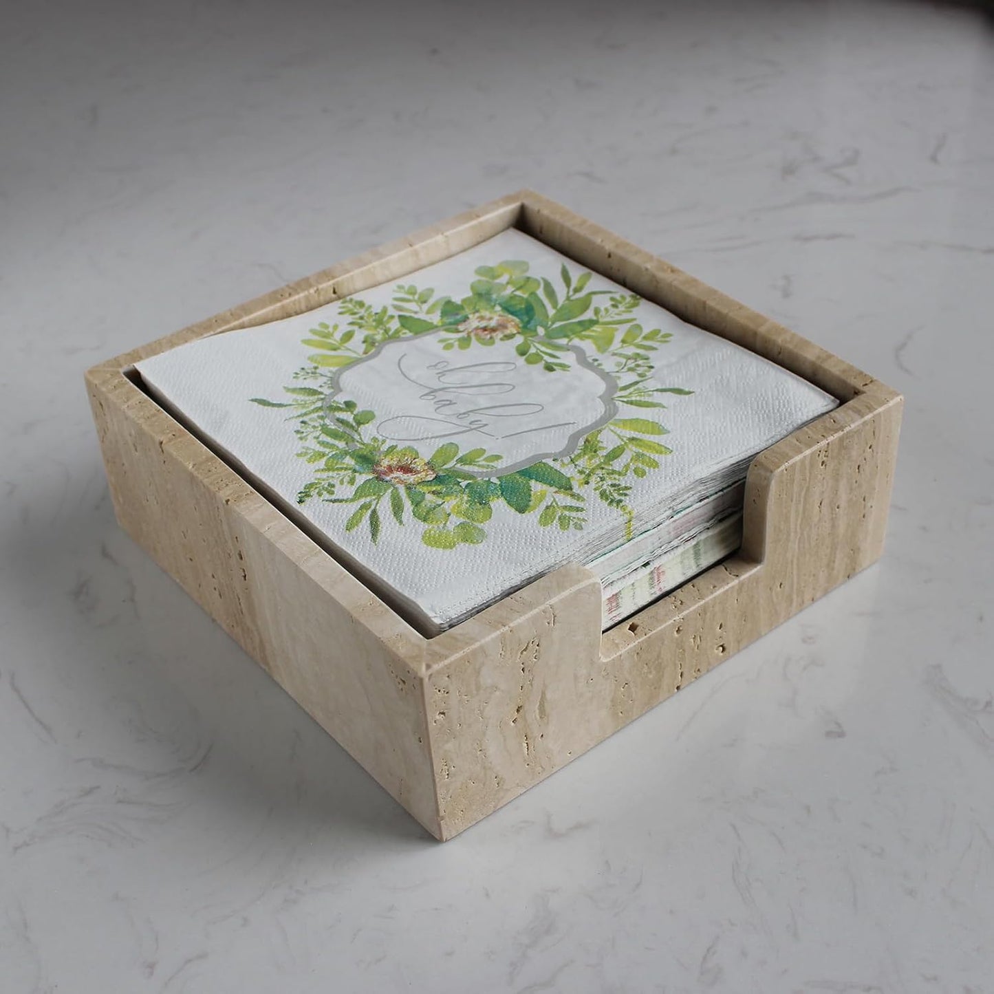 Travertine Luncheon Napkin Holder 7.5" x 7.5" x 2.76" for Table, Cocktail Napkin Tray for Restaurant/Kitchen