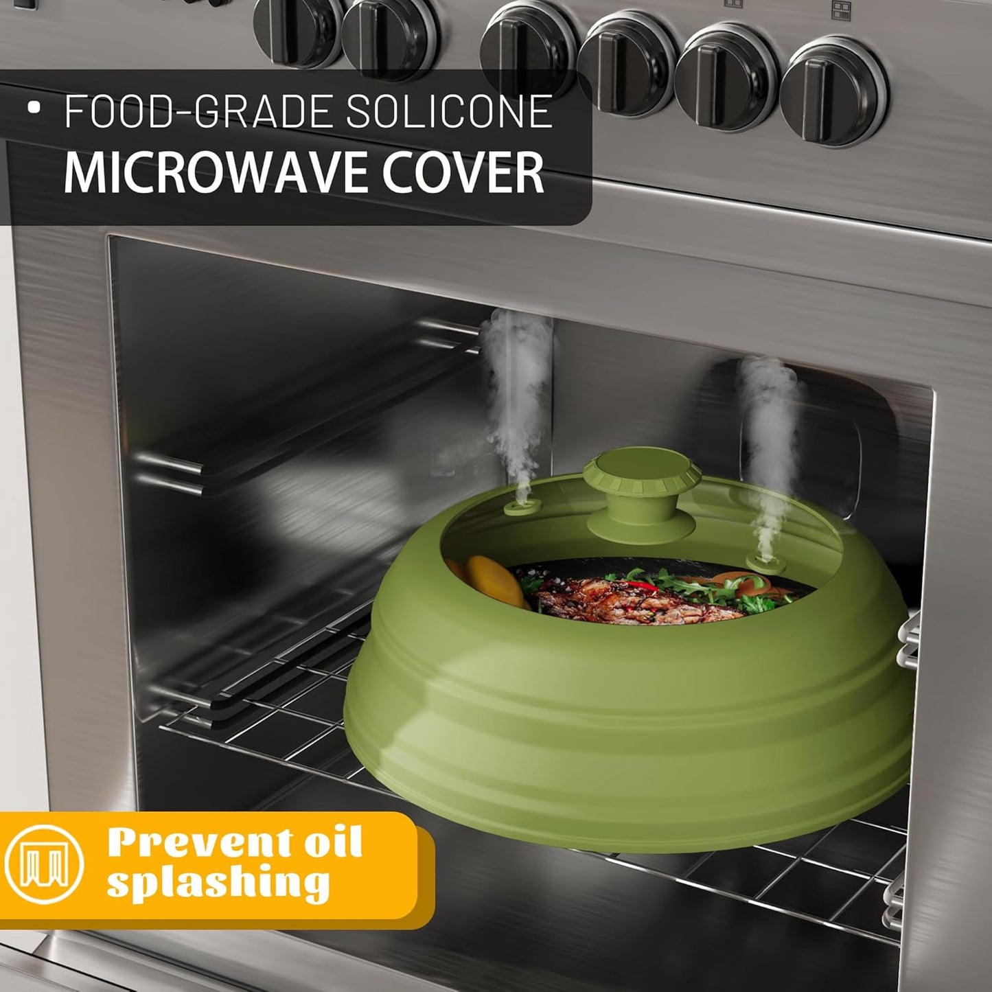Collapsible Microwave Splatter Cover - Vented Silicone & Glass Lid with Easy-Grip Handle, Fits 6 to 10 Inch Plates & Bowls, 10.8 Inch Diameter, Prevents Splatters & Ensures Even Heating