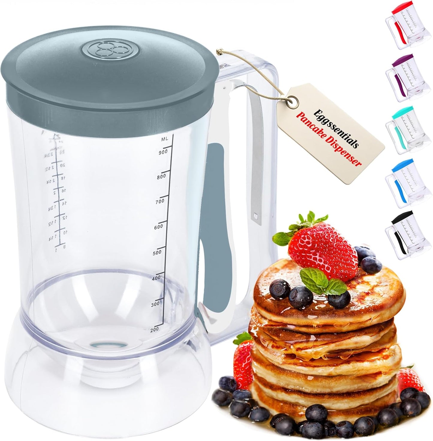 Eggssentials Pancake Dispenser – Easy Control Cake Mix Dispenser for Baking – Drip-Free Muffin & Cupcake Batter Dispenser with Handle – Great for Griddle Pancakes - Grey Color