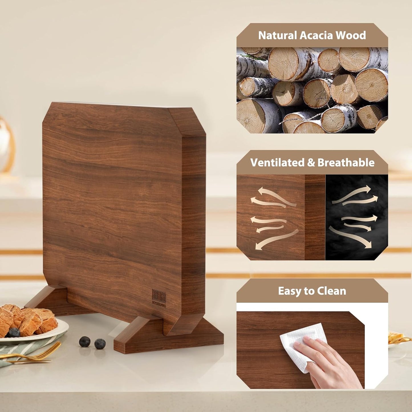Magnetic Knife Block, Thickened Acacia Wood Kitchen Knife Holder Stand with Strong Magnets, Multifunctional Double Side Knife Storage Organizer for Kitchen Counter