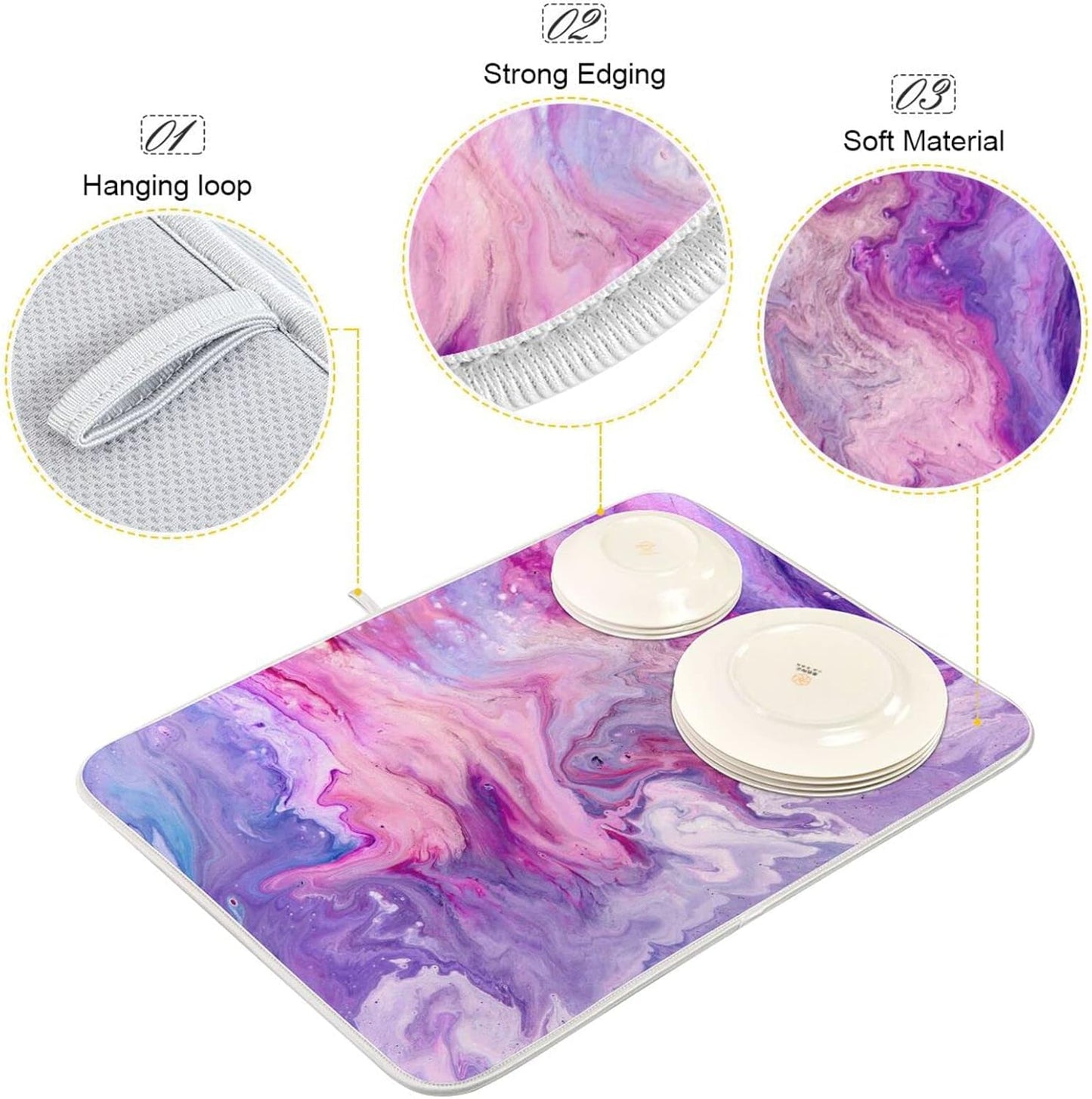 Super Absorbent Dish Drying Mat, Microfiber Fast-Drying Dish Mat, 16" x 18", Kitchen Dish Drying Pad, Abstract Purplr Pink Marble Paint