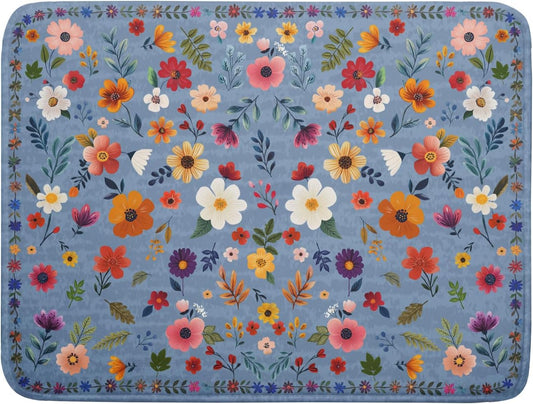 Colorful Flower Dish Drying Mat - Blue Large Floral Coffee Mat for Kitchen Counter Decor 18 X 24