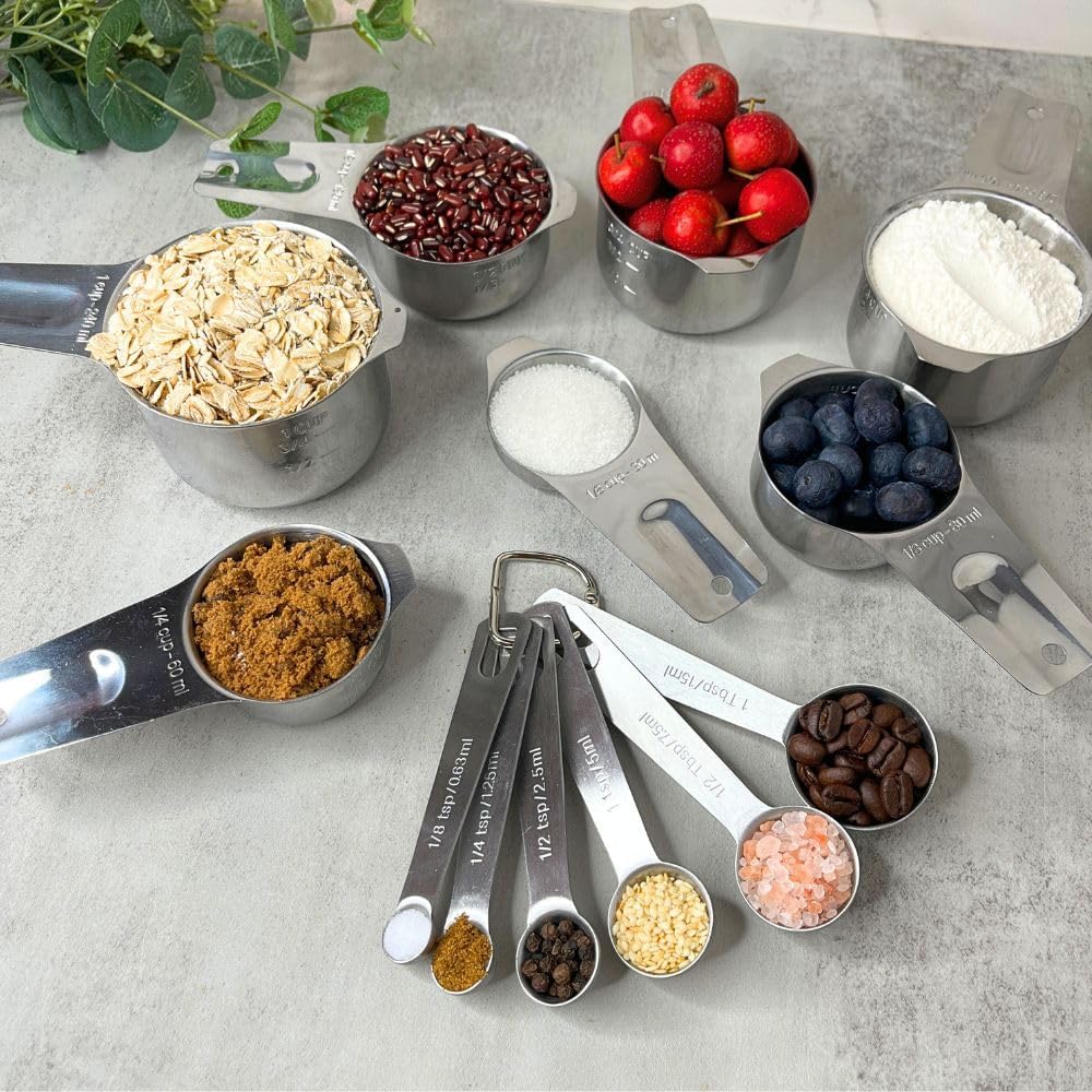 Stainless Steel Measuring Cups and Measuring Spoons Set with Circular Connector,Kitchen Measuring Spoons and Cups，kitchen tool for cooking and baking(13 Piece Set)