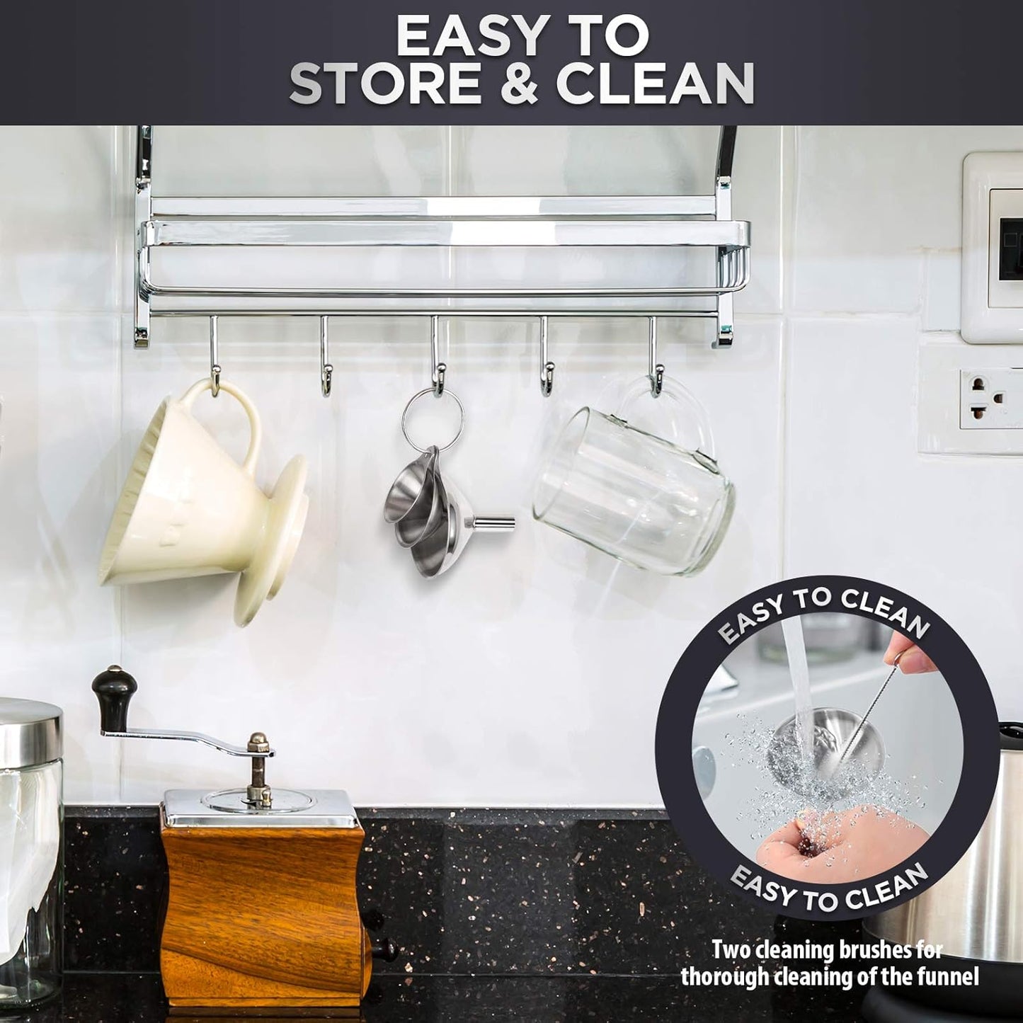 Kitchen Funnels for Filling Bottles, YGDZ 3pcs Small/Medium/Large Food Grade Stainless Steel Metal Kitchen Funnels Set for Essential Oil Spices Liquid, 2pcs Cleaning Brushes