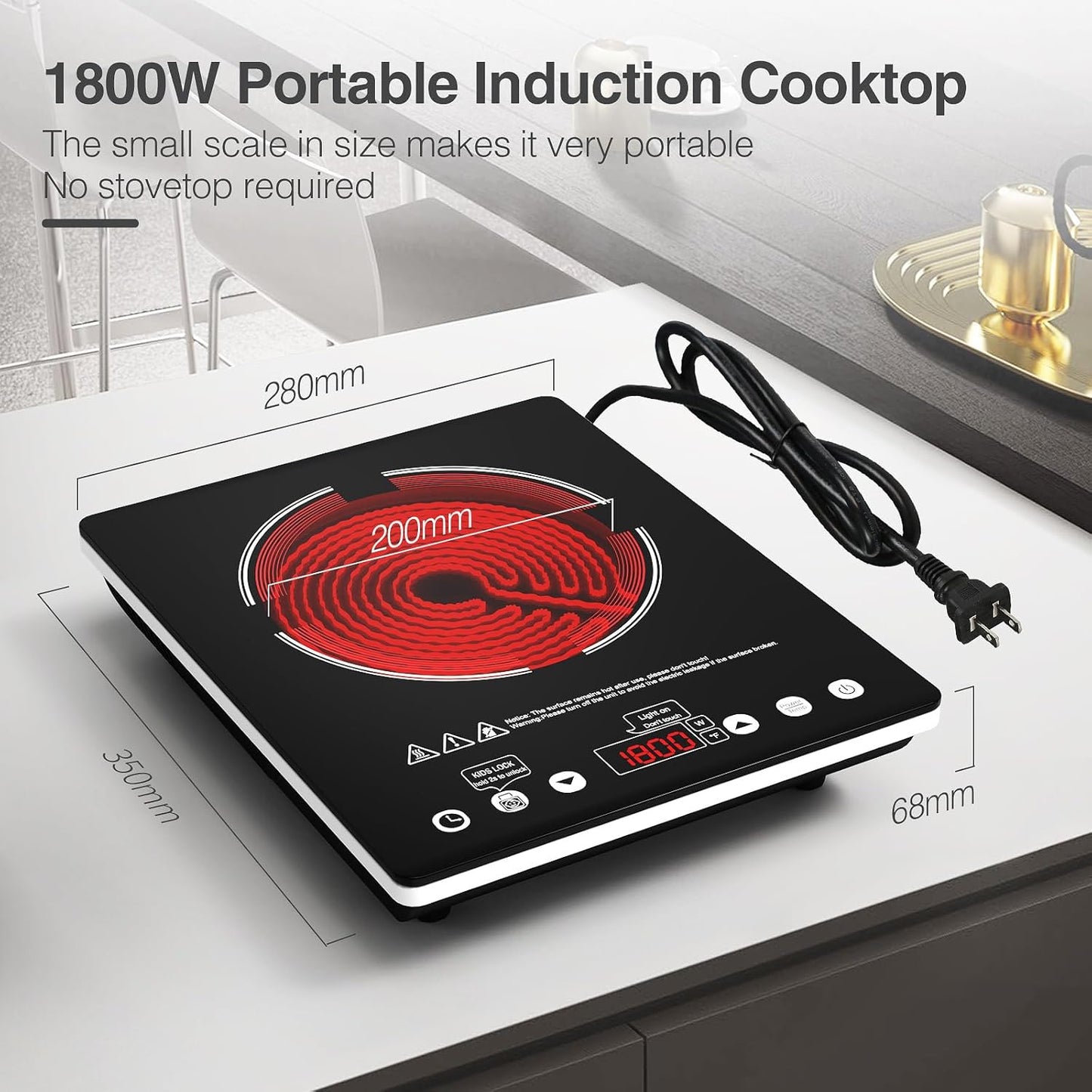 Electric Cooktop Single Burner Portable Stove 1800W 110v -120v Countertop Hot Plates Electric Plug in, Touch Control, Child Lock, 9 Power Levels Low Noise, 4 Hour-Timer Infrared Cooktop