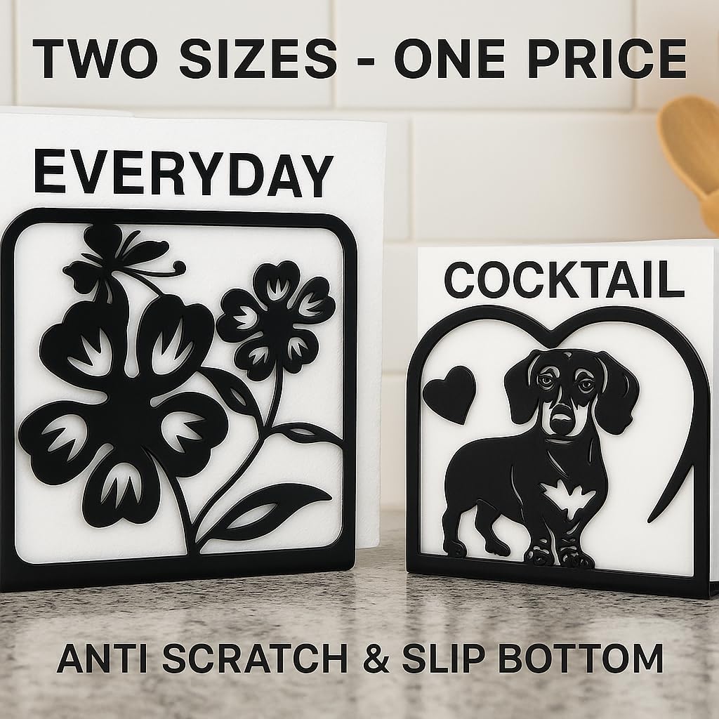 Decorative Napkin Holder for Kitchen & Dining Table – 2 Pack Metal Napkin Holders for Everyday & Cocktail Napkins – Floral & Dog Design – Anti-Scratch Slip-Resistant Paper Napkin Dispenser