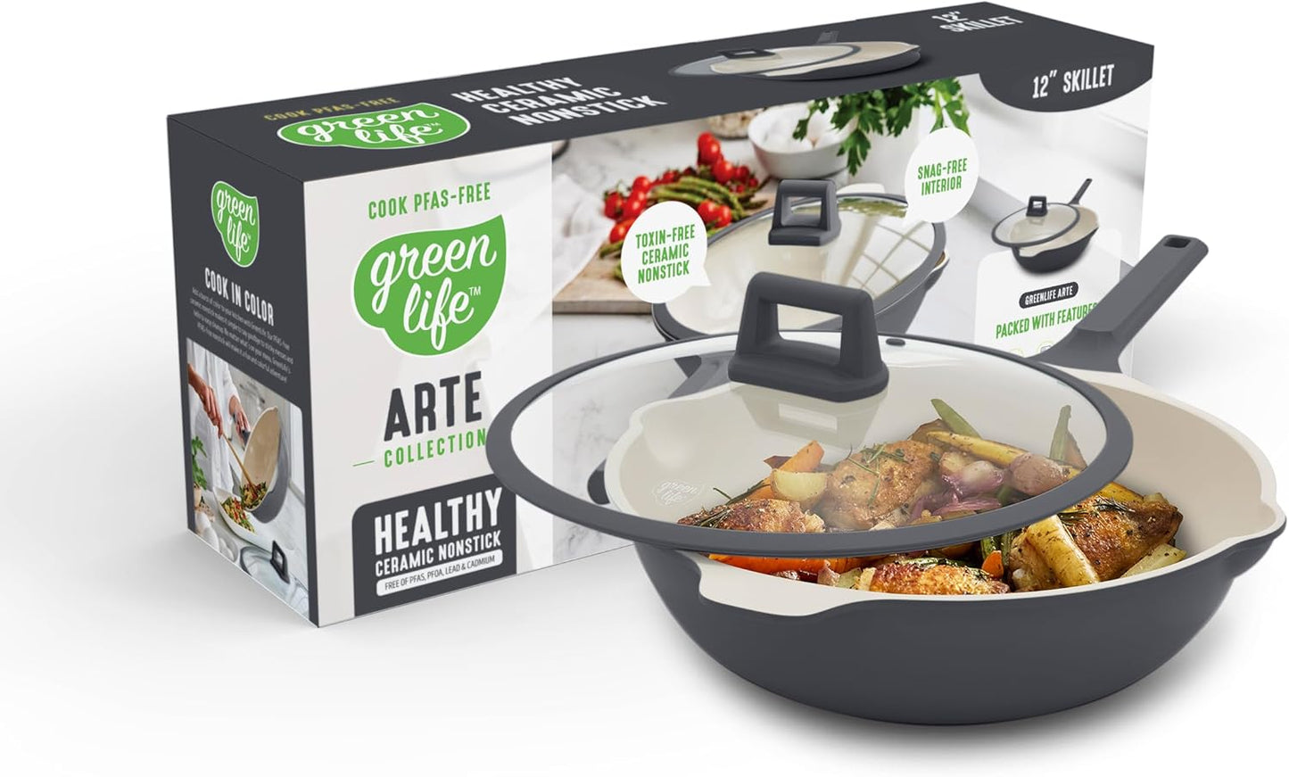 GreenLife Nonstick 12” (5QT) All in One Deep Skillet Wok with Lid, PFAS-Free Non-Toxic Ceramic Multi-Purpose Pan, Induction, All Stovetop, Egg, Stir Fry, Saute, Stay Cool Handle, Graphite