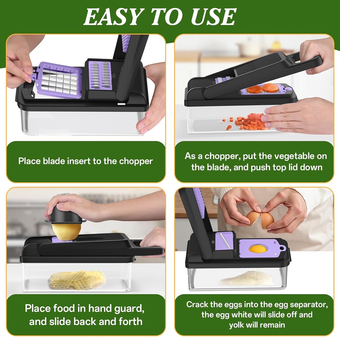 HomeHacks Vegetable Chopper Vegetable Cutter, 12 in 1 Kitchen Gadget, Dicer, Slicer, Onion Cutter, Salad, Cheese Grater & Egg Separator - Multi-Functional Veggie Chopper Lid with Handle (Purple)