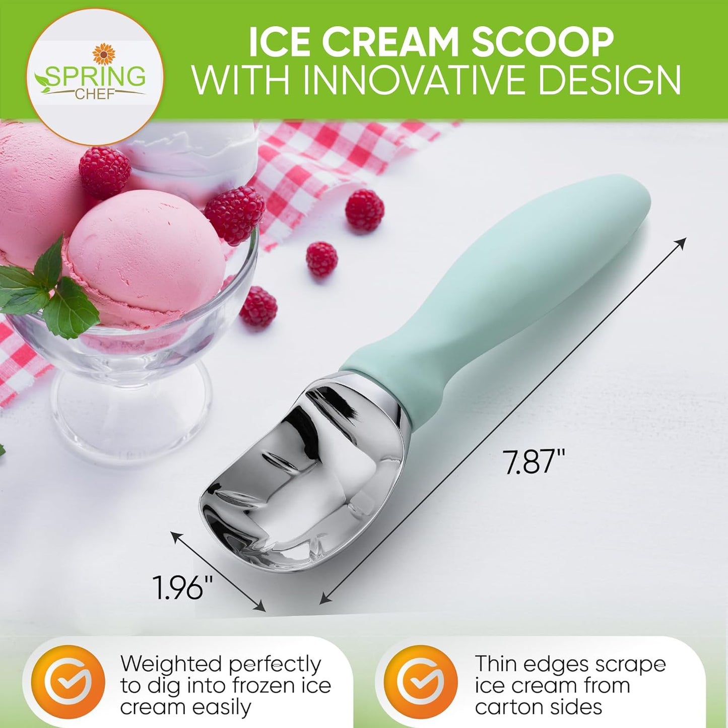 Spring Chef Heavy Duty Ice Cream Scoop with Comfortable Handle, Professional Metal Ice Cream Scooper for Gelato, Sorbet, Cookie Dough, Frozen Yogurt - Dishwasher Safe Kitchen Tool - Mint