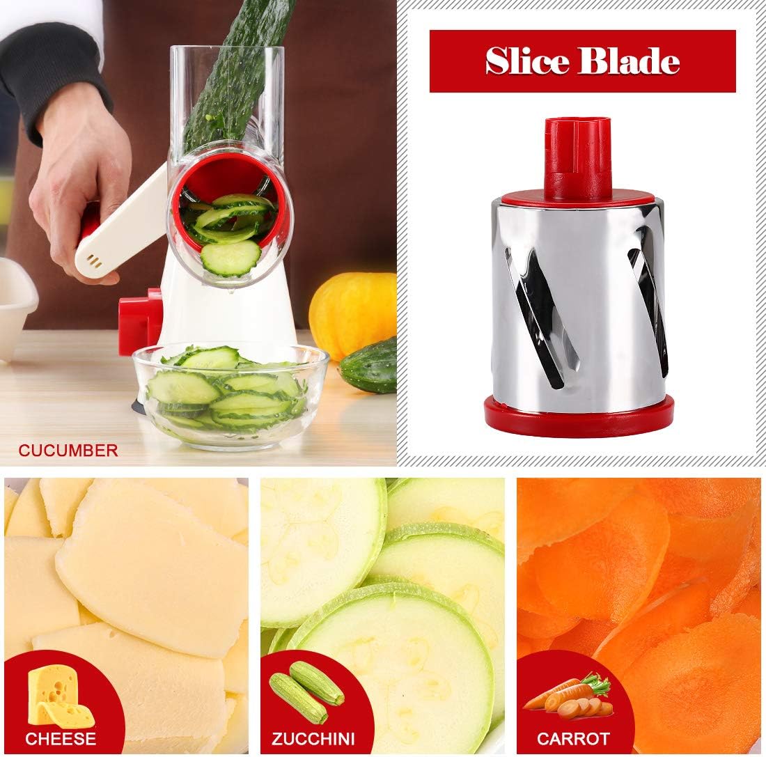Ourokhome Rotary Cheese Grater Hand Crank, Kitchen Shredder Speed Mandolin Slicer Nuts Grinder with Handle and Drum Blades for Cheese, Vegetable, Chocolate, Potato, Carrot, 3 Blades, White Red
