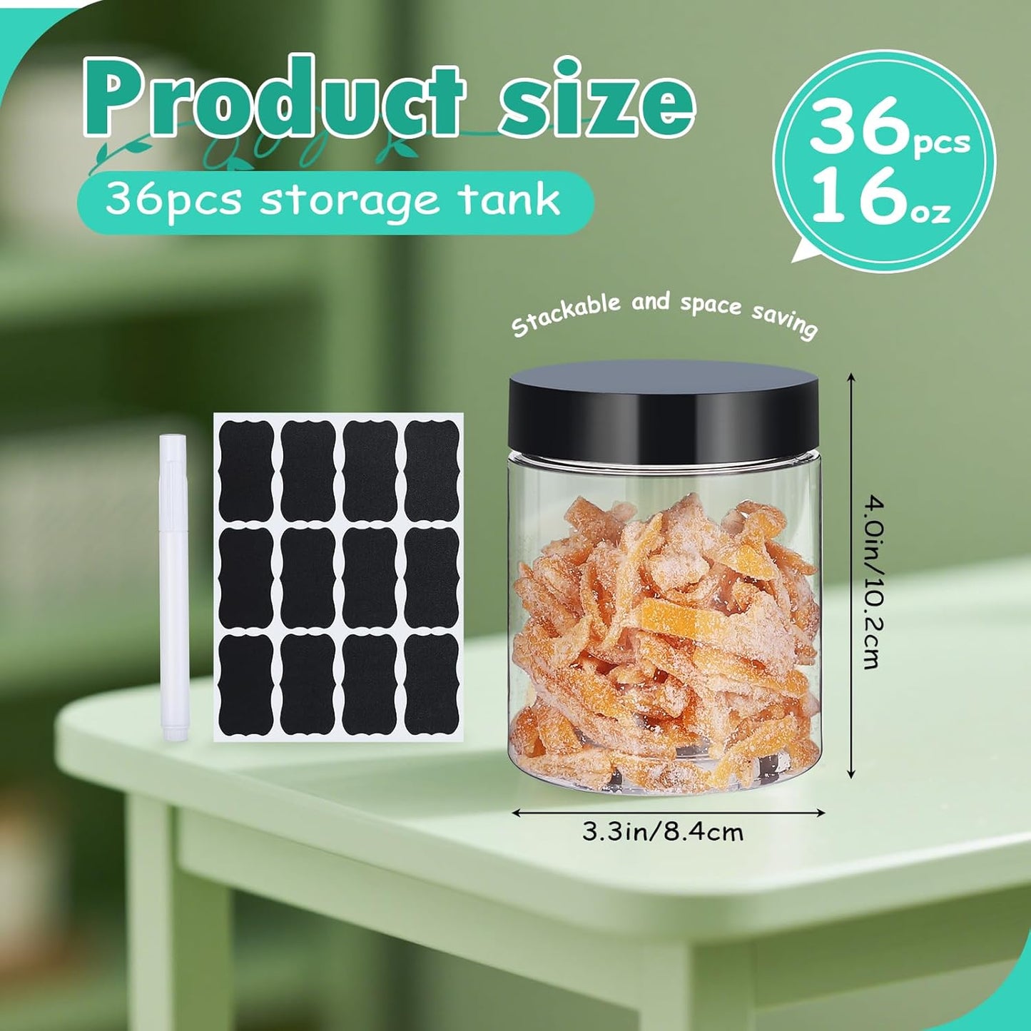 36pcs 16 oz Plastic Containers with Lids Labels Leak Proof BPA Free Airtight Refillable Clear Small Containers Storage Jars for Storing Dry Food Slime Honey Jam,black