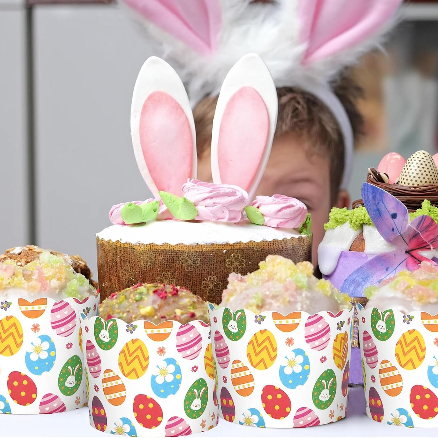 Whaline 100Pcs Multicolor Easter Paper Baking Cups with Easter Egg Bunny Flower Design, Disposable, 9 x 3.5 Inch